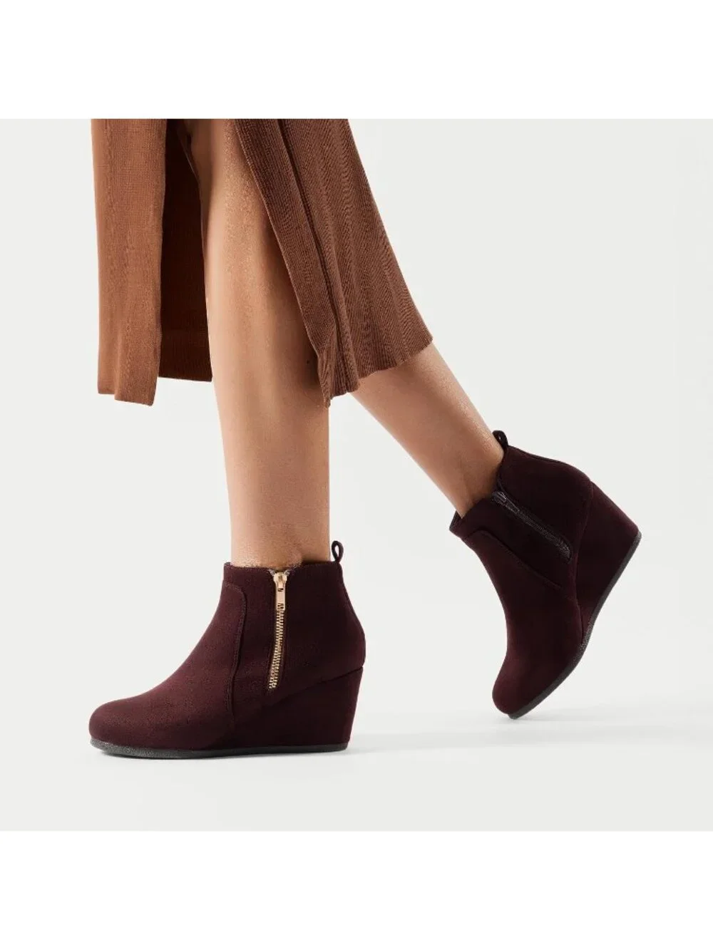 Women's Burgundy Faux Suede Cushioned Insole Fashion Wedges Casual Ankle Boots